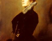 弗朗茨冯伦巴赫 - Portrait Of A Lady Wearing A Black Coat With Fur Collar